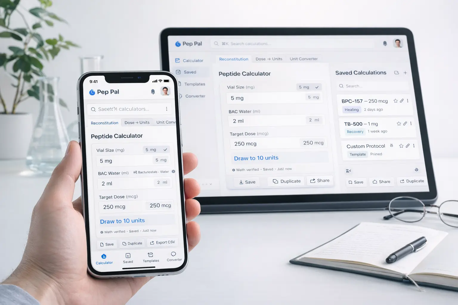Pep Pal peptide calculator running on iPhone and desktop — saved calculations available on any device